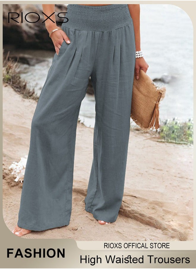 RIOXS - Casual Wide Leg Trouser, Cotton Linen Trouser for Women, Comfy Elastic High Waist Pant With Pockets, Women's Loose Fit Dress Pants, Ladies Palazzo Pants For Daily Holiday Vacation Beach - Image 1