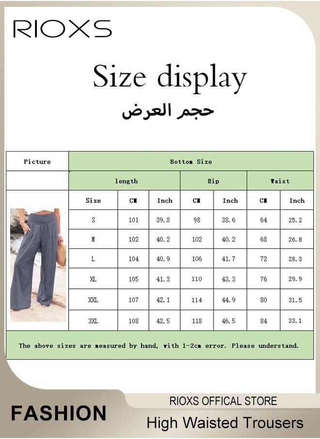 RIOXS - Casual Wide Leg Trouser, Cotton Linen Trouser for Women, Comfy Elastic High Waist Pant With Pockets, Women's Loose Fit Dress Pants, Ladies Palazzo Pants For Daily Holiday Vacation Beach - Image 1