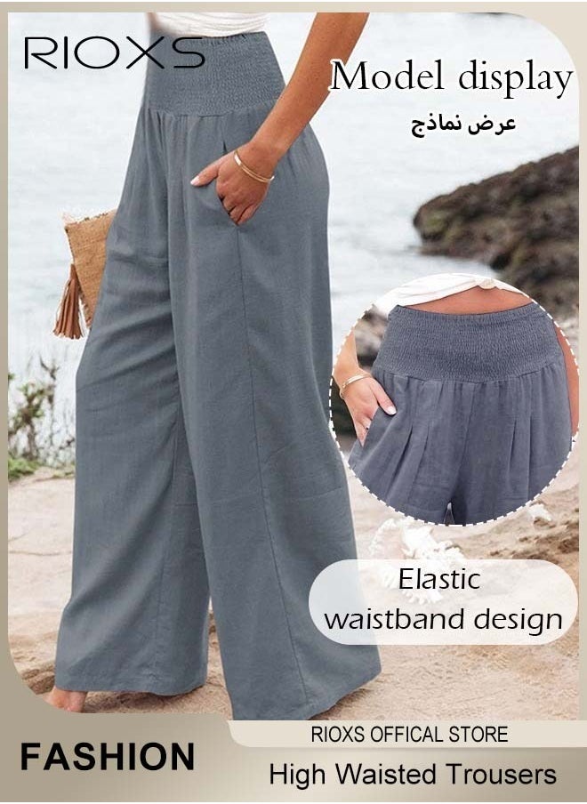 RIOXS - Casual Wide Leg Trouser, Cotton Linen Trouser for Women, Comfy Elastic High Waist Pant With Pockets, Women's Loose Fit Dress Pants, Ladies Palazzo Pants For Daily Holiday Vacation Beach - Image 1