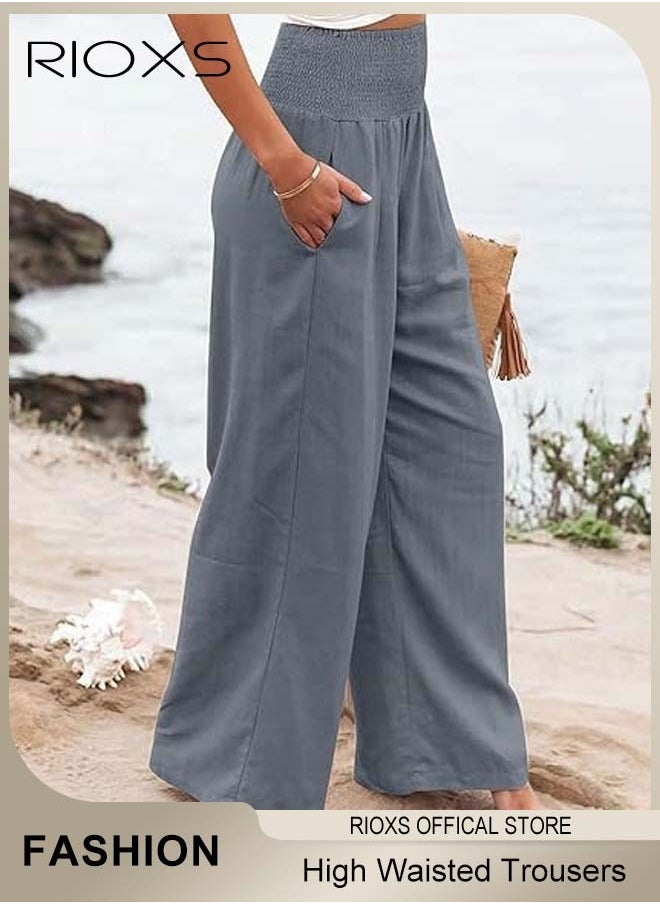 RIOXS - Casual Wide Leg Trouser, Cotton Linen Trouser for Women, Comfy Elastic High Waist Pant With Pockets, Women's Loose Fit Dress Pants, Ladies Palazzo Pants For Daily Holiday Vacation Beach - Image 1