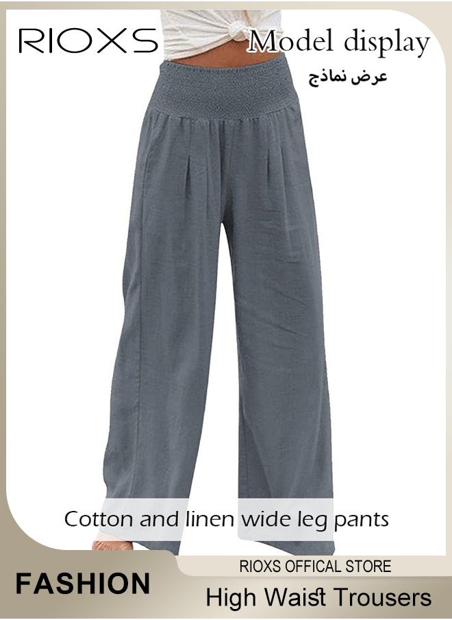 RIOXS - Casual Wide Leg Trouser, Cotton Linen Trouser for Women, Comfy Elastic High Waist Pant With Pockets, Women's Loose Fit Dress Pants, Ladies Palazzo Pants For Daily Holiday Vacation Beach - Image 1