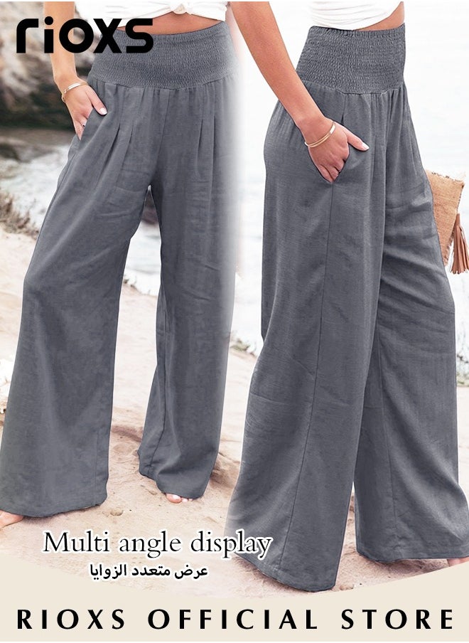 RIOXS - Casual Wide Leg Trouser, Cotton Linen Trouser for Women, Comfy Elastic High Waist Pant With Pockets, Women's Loose Fit Dress Pants, Ladies Palazzo Pants For Daily Holiday Vacation Beach - Image 1