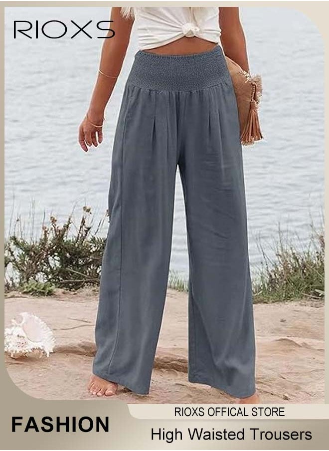 RIOXS - Casual Wide Leg Trouser, Cotton Linen Trouser for Women, Comfy Elastic High Waist Pant With Pockets, Women's Loose Fit Dress Pants, Ladies Palazzo Pants For Daily Holiday Vacation Beach - Image 1