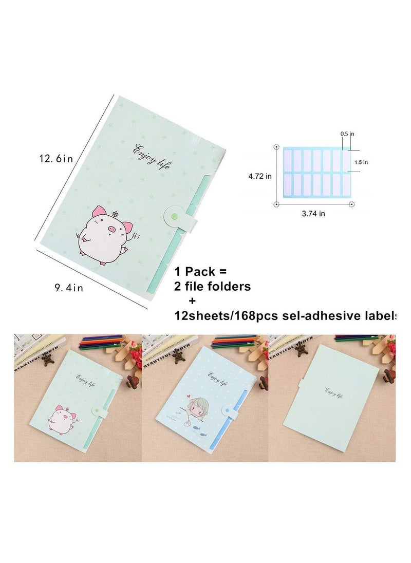 XiuWoo - Folders, A4 Size 5 Pockets Cute Cartoon Pattern Plastic Expanding File Folders with 12sheets/168pcs Self-Adhesive Labels (2 Packs Blue+Pink) - Image 1