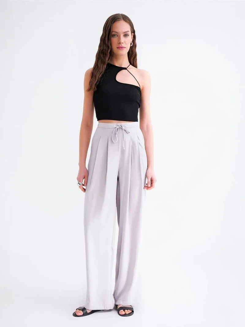 Mixray Grey Mixray High Waist Pleated Palazzo Pants for Women | Best Price UAE