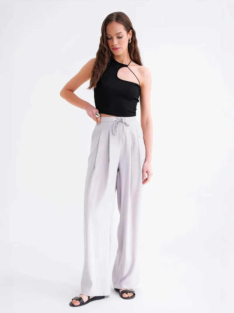 Mixray Grey Mixray High Waist Pleated Palazzo Pants for Women | Best Price UAE