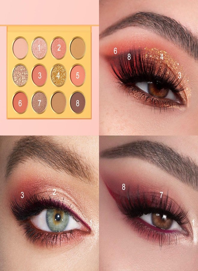 كيدا باليت ظلال العيون KYDA بـ 12 لونًا من الوردي الدافئ، ظلال عيون لامعة فائقة اللمعان بلون الذهب الوردي، باليت ظلال عيون غير لامعة بلون برتقالي وردي ناعم، بودرة ناعمة قابلة للمزج، مكياج عيون بألوان دافئة - Image 5