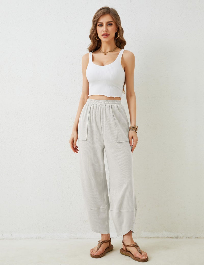 Springrain Womens Baggy Wide Leg Pants Cotton Elastic Waisted Loose Palazzo Harem Pants with Pockets(White-M) - Image 2