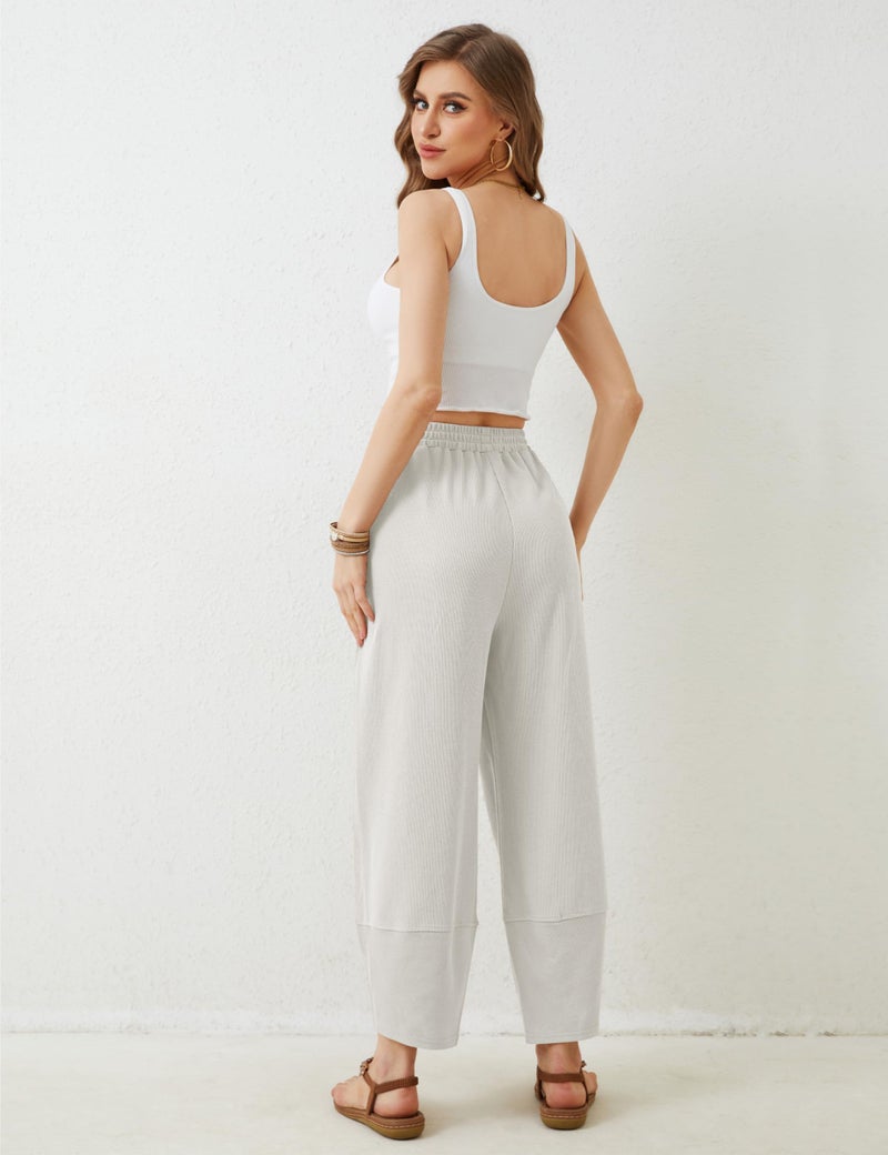 Springrain Womens Baggy Wide Leg Pants Cotton Elastic Waisted Loose Palazzo Harem Pants with Pockets(White-M) - Image 4