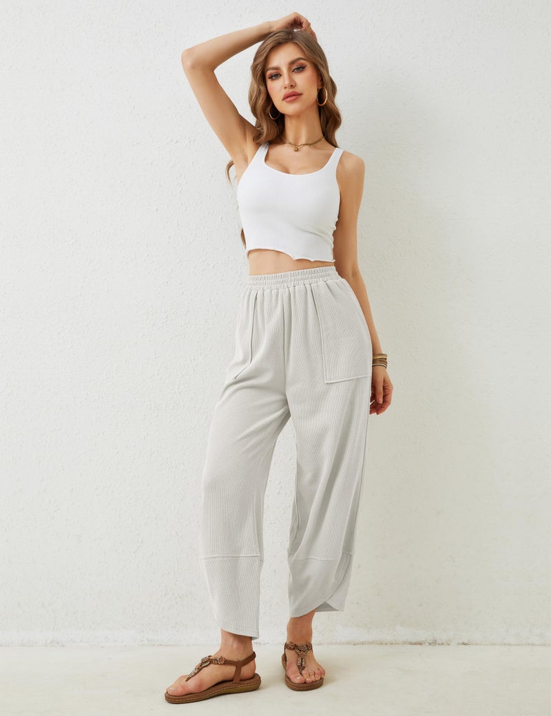 Springrain Womens Baggy Wide Leg Pants Cotton Elastic Waisted Loose Palazzo Harem Pants with Pockets(White-M) - Image 3
