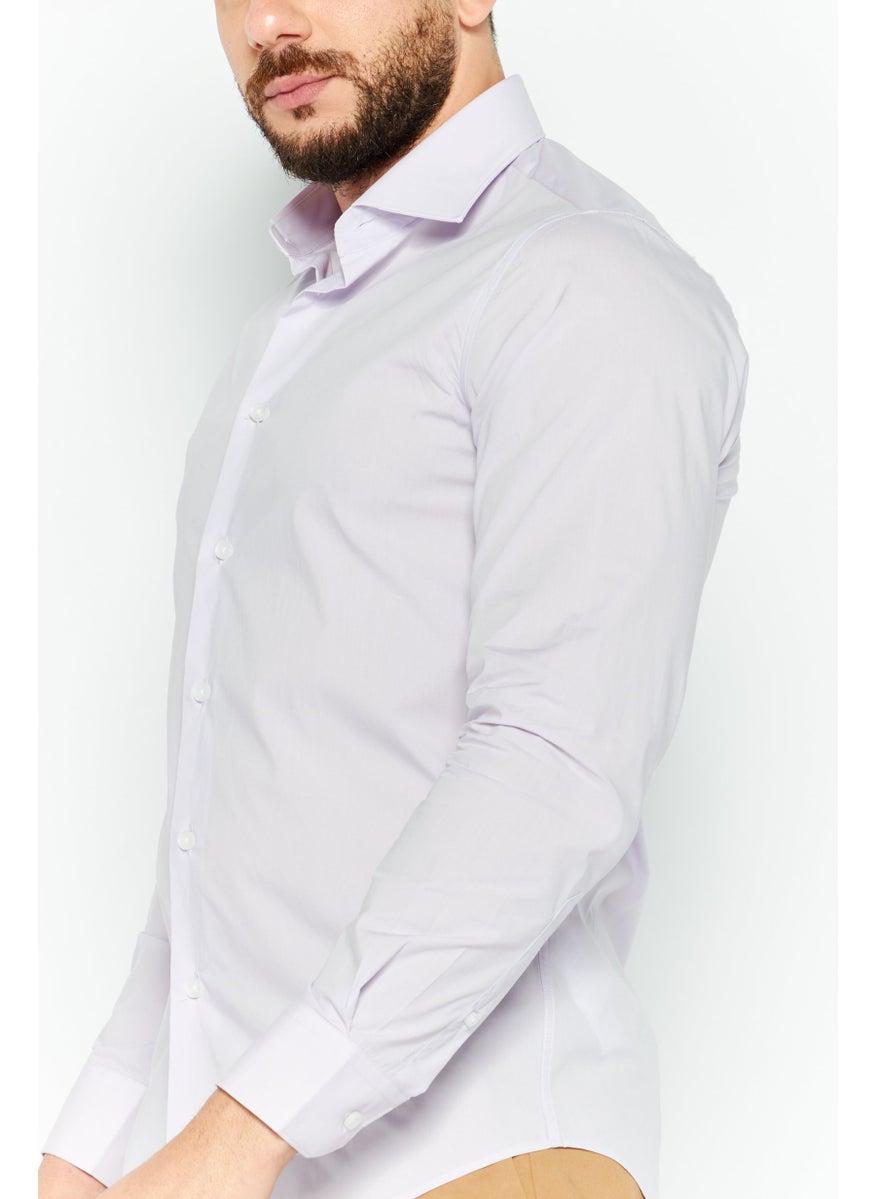 Cavalli Class Men Comfort Fit Plain Long Sleeves Dress Shirt, Lilac  - Image 3