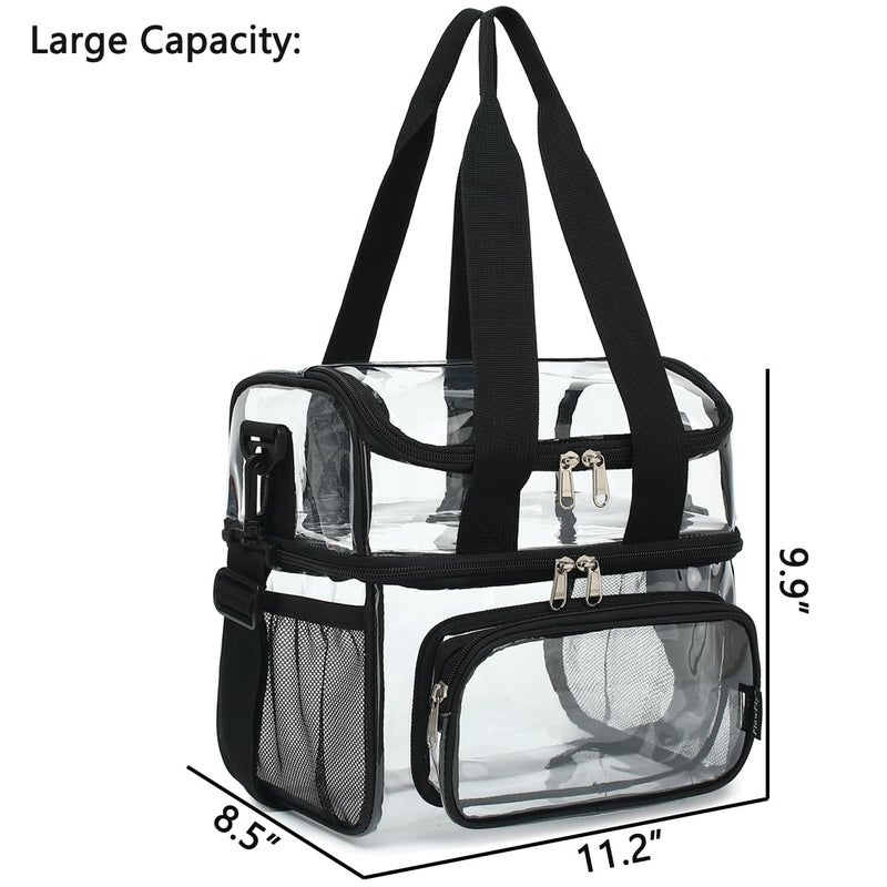 FlowFly Clear Bag Double Decker Lunch Bag for Stadium Events Adult Large Transparent Tote for Men, Women, With Adjustable Strap and Front Pocket, Work and Sporting Events, Clear#Black - Image 3