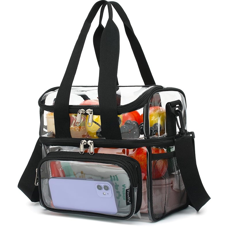 FlowFly Clear Bag Double Decker Lunch Bag for Stadium Events Adult Large Transparent Tote for Men, Women, With Adjustable Strap and Front Pocket, Work and Sporting Events, Clear#Black - Image 1