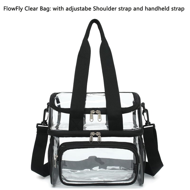 FlowFly Clear Bag Double Decker Lunch Bag for Stadium Events Adult Large Transparent Tote for Men, Women, With Adjustable Strap and Front Pocket, Work and Sporting Events, Clear#Black - Image 2