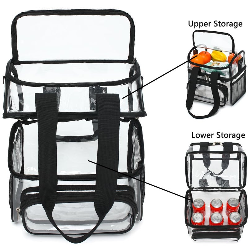 FlowFly Clear Bag Double Decker Lunch Bag for Stadium Events Adult Large Transparent Tote for Men, Women, With Adjustable Strap and Front Pocket, Work and Sporting Events, Clear#Black - Image 5