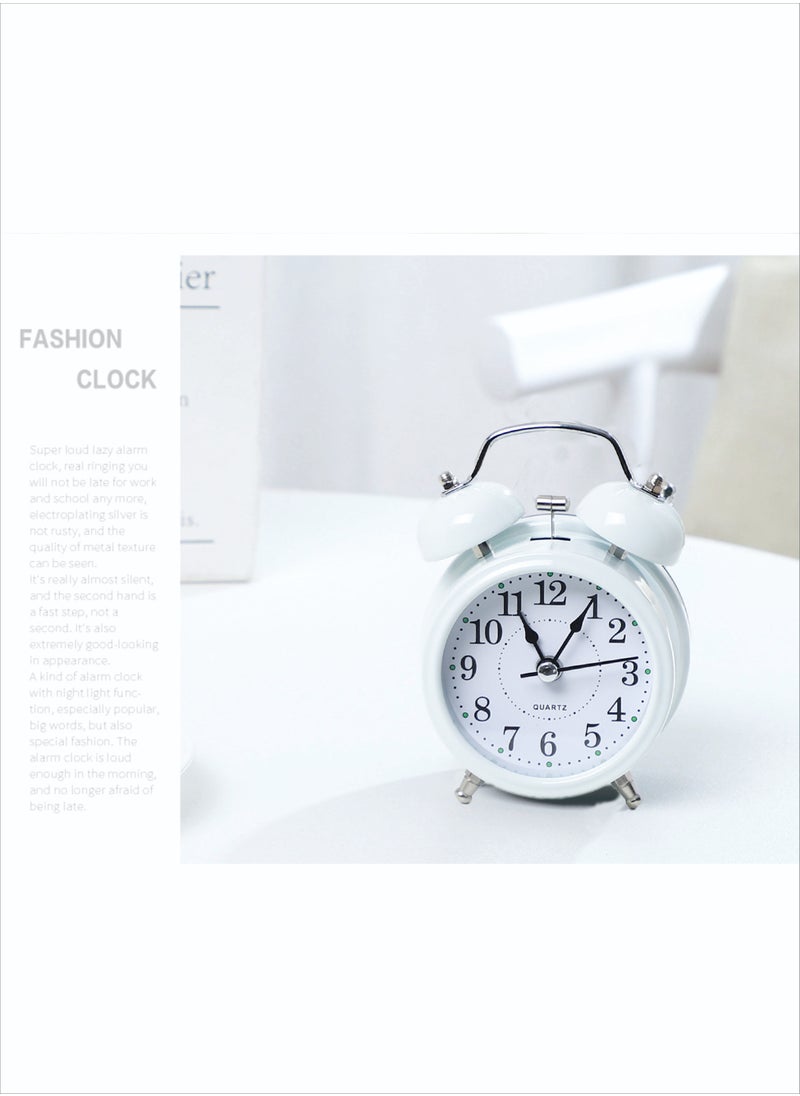 STAUD - 3Inch Twin Bell Loud Alarm Clock, Metal Frame 3D Dial withWhitelight Student Children's Clock Table Alarm Clock For Home and Office White82X56X118MM - Image 1