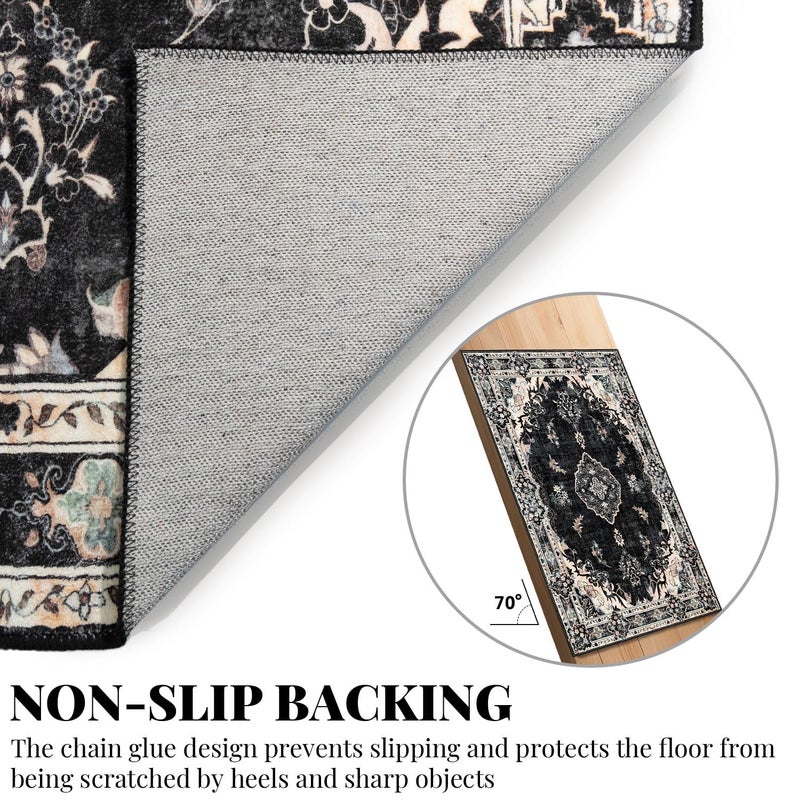 MUJOO Black Rug 3'x5' Washable, Boho Area Rugs for Entryway Bedroom Living Room Kitchen,Small Vintage Bohemian Distressed Farmhouse Non Slip Carpet,Floral - Image 4