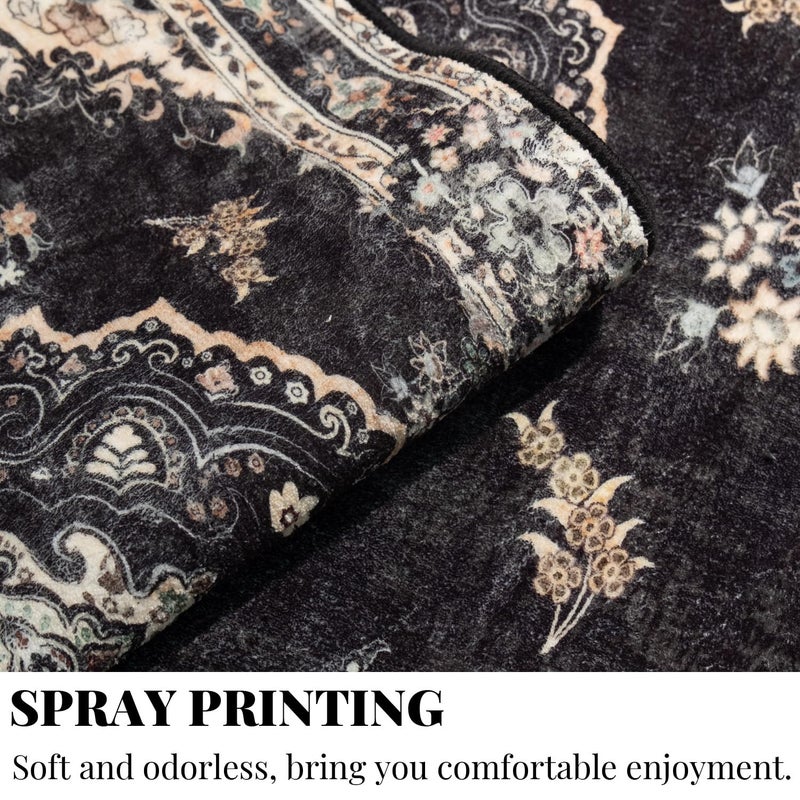 MUJOO Black Rug 3'x5' Washable, Boho Area Rugs for Entryway Bedroom Living Room Kitchen,Small Vintage Bohemian Distressed Farmhouse Non Slip Carpet,Floral - Image 5