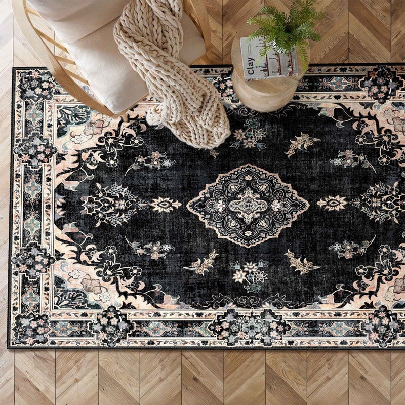 MUJOO Black Rug 3'x5' Washable, Boho Area Rugs for Entryway Bedroom Living Room Kitchen,Small Vintage Bohemian Distressed Farmhouse Non Slip Carpet,Floral - Image 2