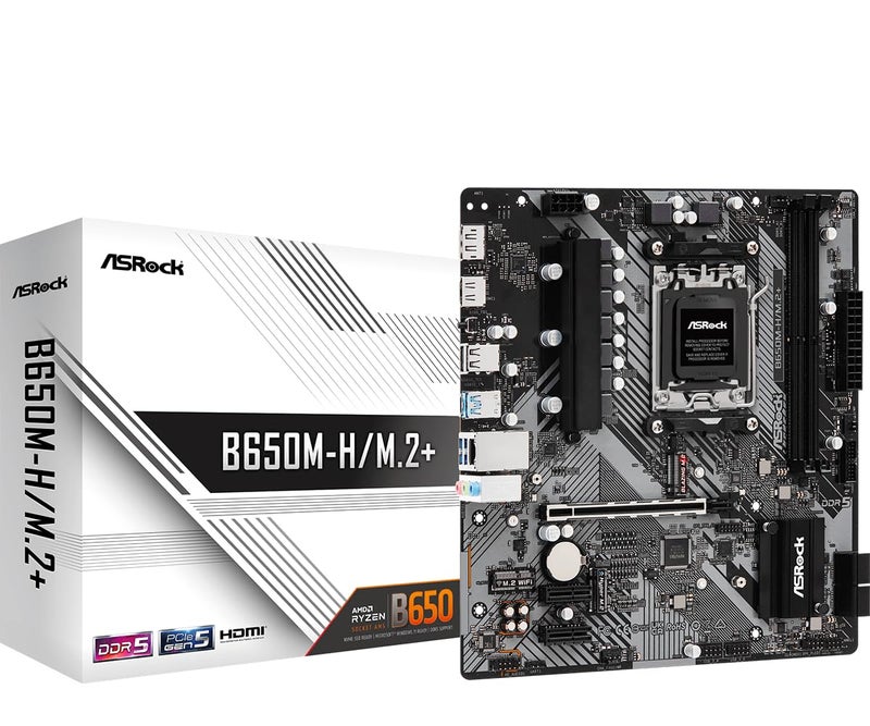 ASRock B650M-HM.2+ AMD AM5 Micro-ATX Motherboard, Supports AMD Ryzen 9000/8000/7000 Series Processors, DDR5 6400+ (OC), PCIe 5.0 M.2, Gigabit LAN, 6+1+1 Power Phase - Image 1