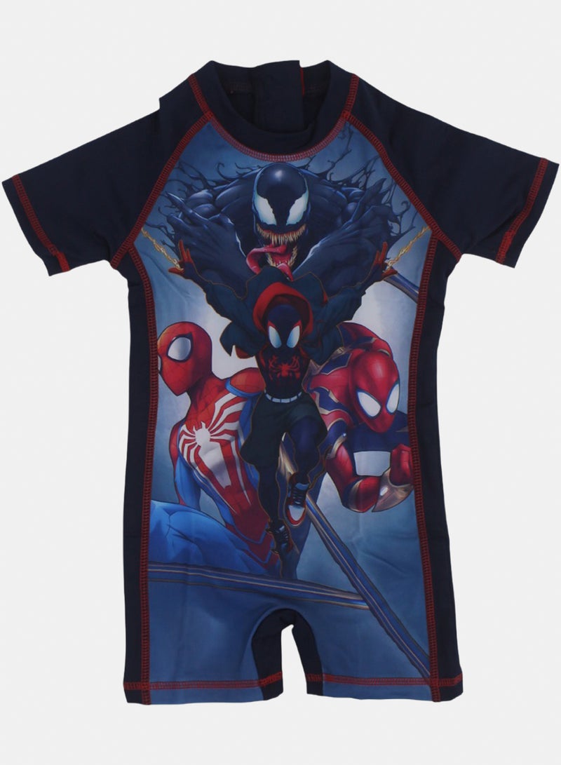 Baby Boys Sunsuit One-Piece – Navy with Spider-Man Print