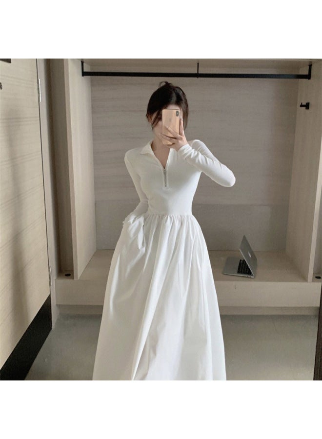 فستان أبيض فاخر فرنسي طوق مربع خريفي مربوط الخصر أنيق بأكمام طويلة طويل