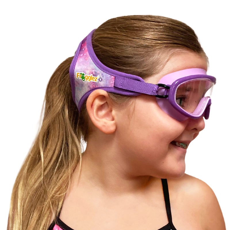 Frogglez Youth Wide View Anti-Fog Crystal Clear Swim Goggle Mask for Kids under 10 (Ages 4-10) Recommended by Olympic Swimmers; Premium Pain-Free Strap, Purple - Image 1