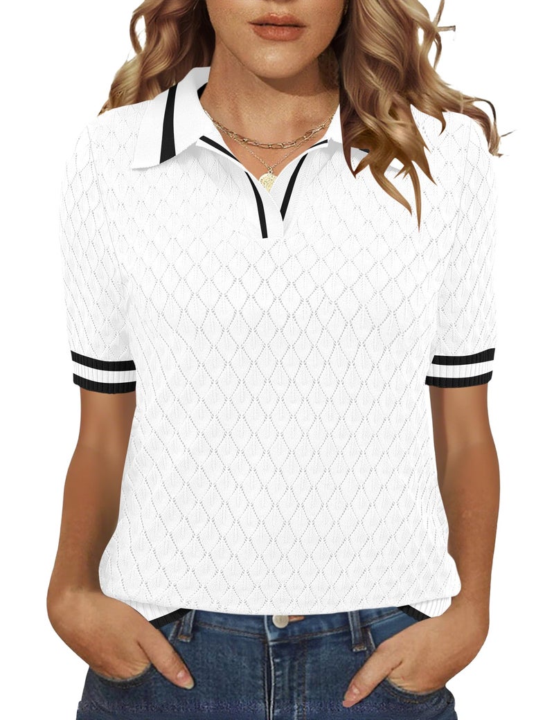 Rapbin Womens White Knit Sweaters for Women Polo V Neck Tops Summer Pullover Shirts Business Casual(White Block Black, X-Large) - Image 1