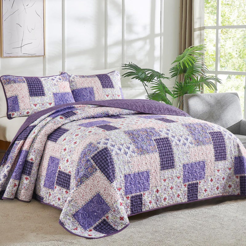 Xruibed Patchwork Quilt Set King Size 3 Pieces Plaid Floral Bedspread Coverlet Set Purple Patchwork Reversible Bedding Set Soft Microfiber Bedspread Set King for All Season(King,104"X90") - Image 2