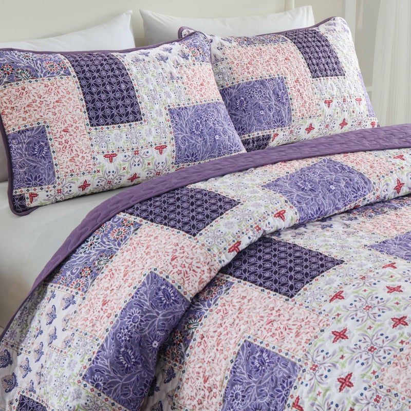 Xruibed Patchwork Quilt Set King Size 3 Pieces Plaid Floral Bedspread Coverlet Set Purple Patchwork Reversible Bedding Set Soft Microfiber Bedspread Set King for All Season(King,104"X90") - Image 3