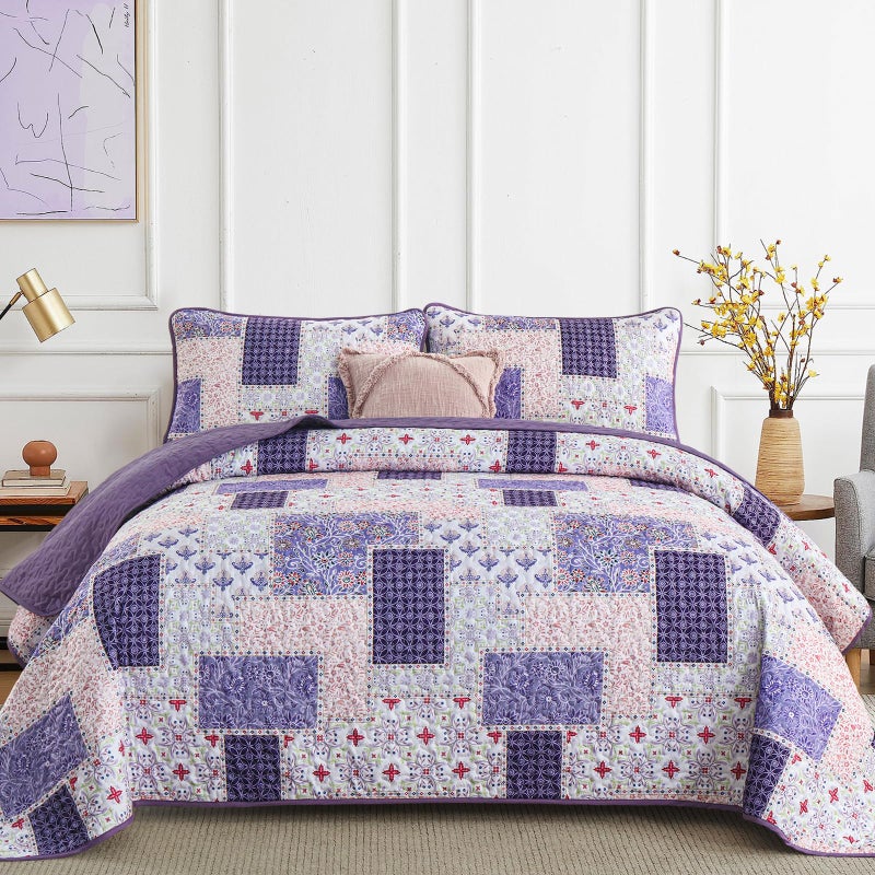 Xruibed Patchwork Quilt Set King Size 3 Pieces Plaid Floral Bedspread Coverlet Set Purple Patchwork Reversible Bedding Set Soft Microfiber Bedspread Set King for All Season(King,104"X90") - Image 1