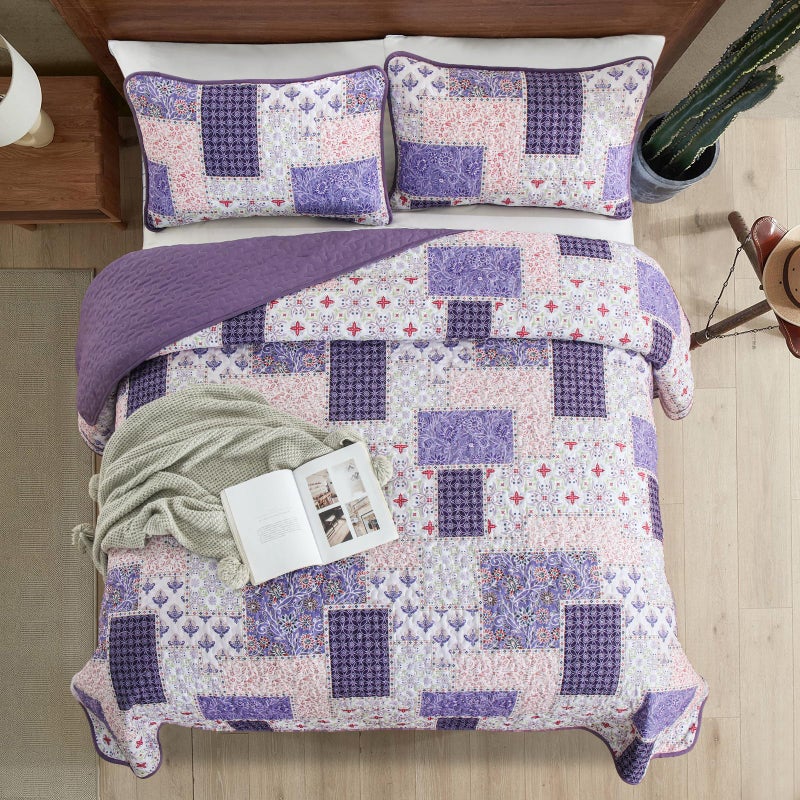 Xruibed Patchwork Quilt Set King Size 3 Pieces Plaid Floral Bedspread Coverlet Set Purple Patchwork Reversible Bedding Set Soft Microfiber Bedspread Set King for All Season(King,104"X90") - Image 4