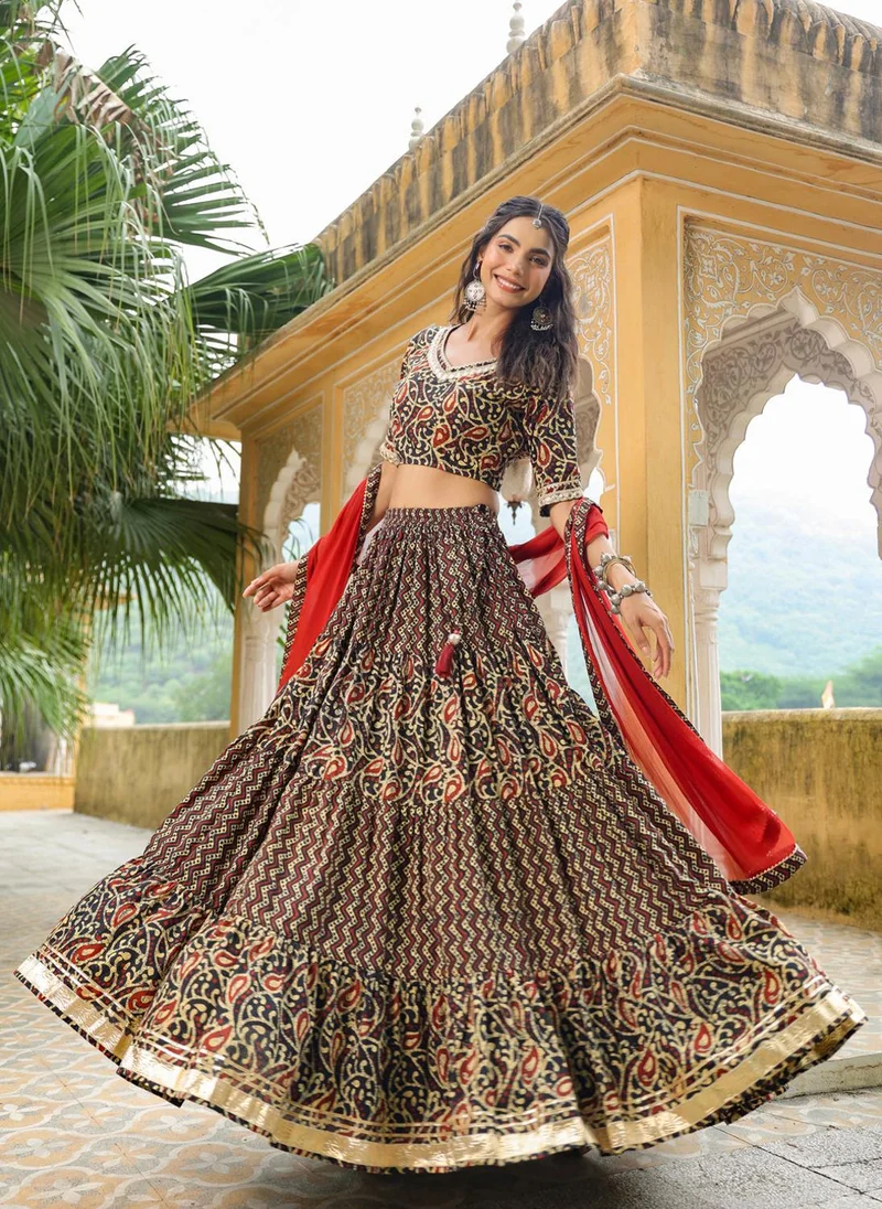 ZERESOUQ Black Cotton Batik V-Neck Lehenga Set