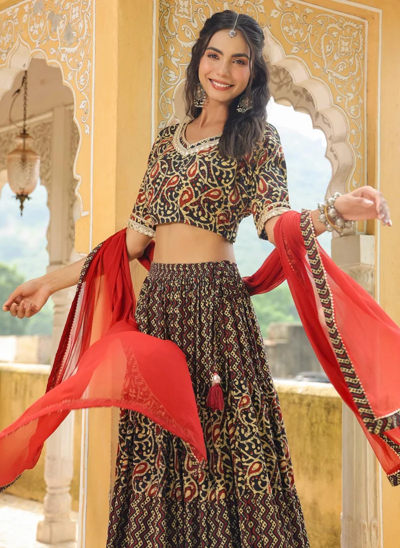 ZERESOUQ Black Cotton Batik V-Neck Lehenga Set