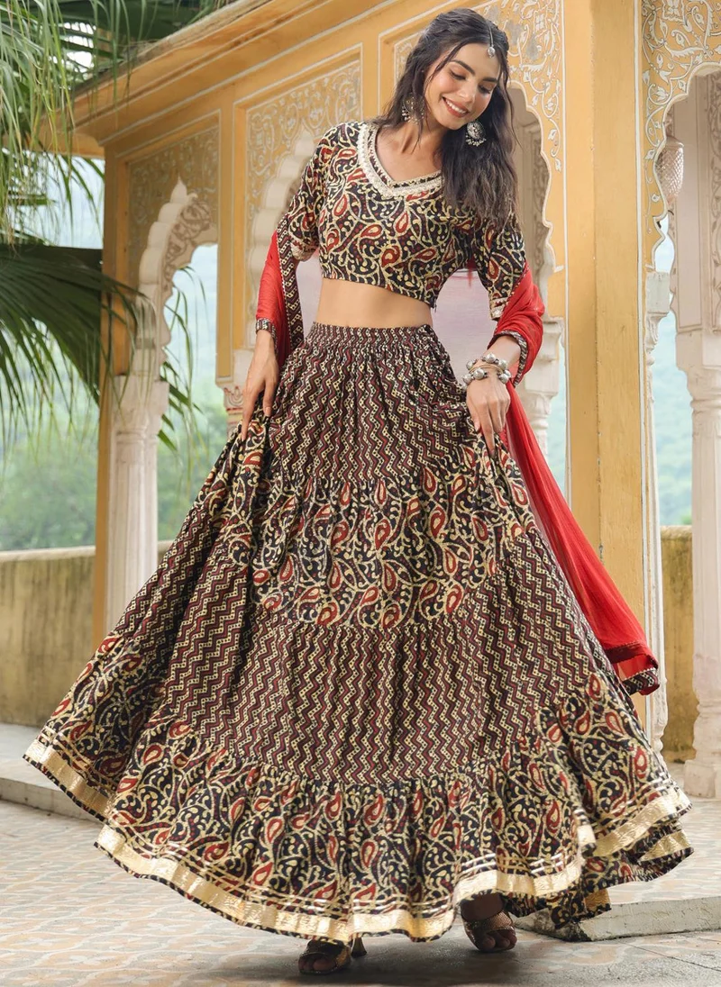 ZERESOUQ Black Cotton Batik V-Neck Lehenga Set