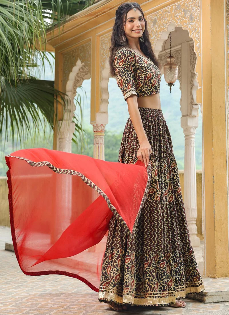 ZERESOUQ Black Cotton Batik V-Neck Lehenga Set