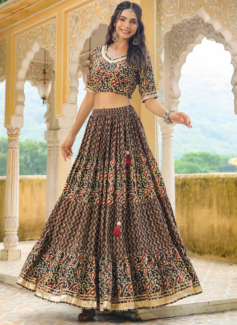 ZERESOUQ Black Cotton Batik V-Neck Lehenga Set