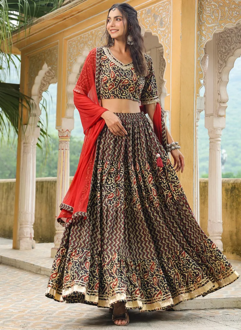 ZERESOUQ Black Cotton Batik V-Neck Lehenga Set