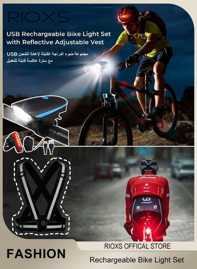 RIOXS USB Rechargeable Bike Light Set And Reflective Running Vest,Ultra Bright Bicycle Lights With Horn And Headlight Tail Rear Reflectors,Bike Accessories For Night Riding,Waterproof Bicycle Accessories For Men Women Night Road Cycling  - Image 1