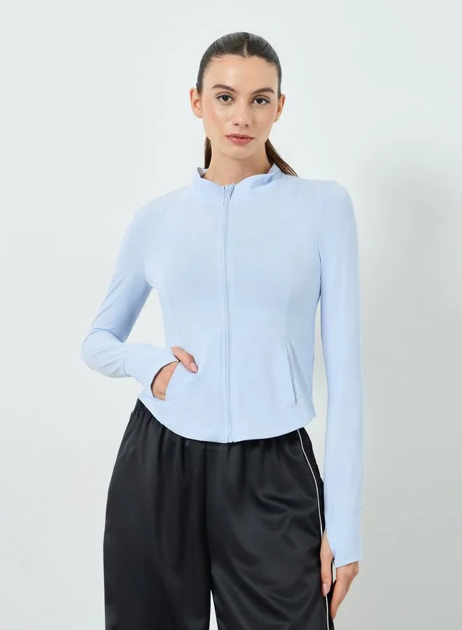 Blue Lightweight Thumbhole Detail Full Zip Up Jacket