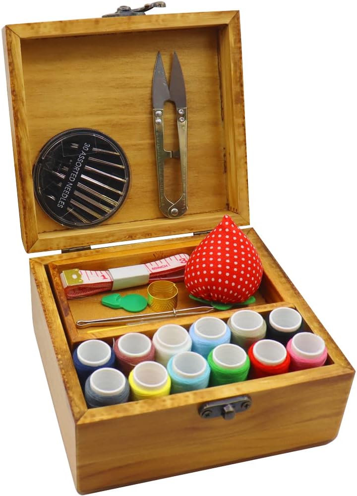 Flytreal Sewing Kit Small Box Basket, Wooden Hand Home Sewing Repair Tool Kit, Beginner Universal Sew Kit Accessories for Women, Men, Adults, Girls, Kids - Image 1