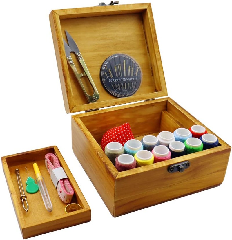 Flytreal Sewing Kit Small Box Basket, Wooden Hand Home Sewing Repair Tool Kit, Beginner Universal Sew Kit Accessories for Women, Men, Adults, Girls, Kids - Image 4