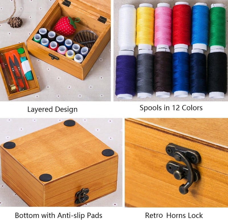 Flytreal Sewing Kit Small Box Basket, Wooden Hand Home Sewing Repair Tool Kit, Beginner Universal Sew Kit Accessories for Women, Men, Adults, Girls, Kids - Image 3