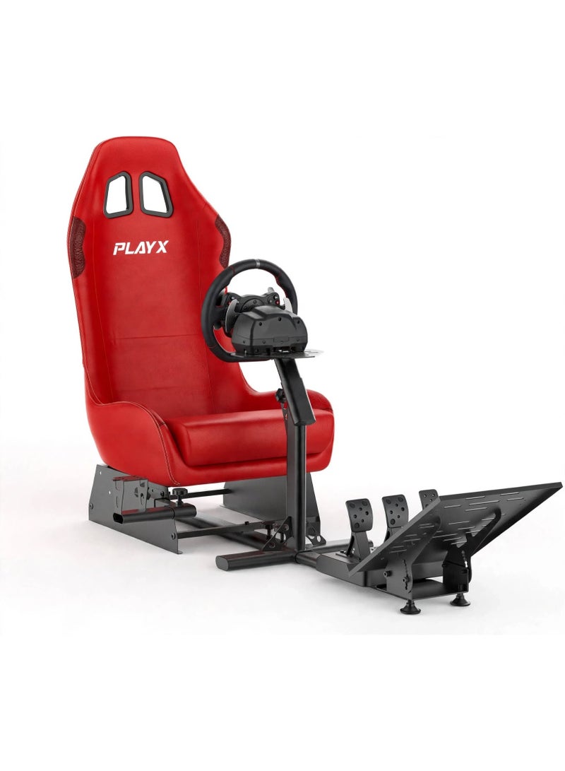 PlayX Ultimate Foldable Racing Simulator Cockpit with Bucket Seat & Steering Wheel Stand for Logitech G923 G29 G920 G27 G25 Thrustmaster T248 T300 Fanatec DD1 DD2 | Heavy Duty Racing Wheel Stand with Gaming Chair, Pedal & Shifter Mount for PS4 PS5 Xbox One PC | 330LBS Steel Frame Racing Chair Cockpit with Adjustable Wheel & Pedal Position, Foldable Backrest for Easy Storage - Image 1