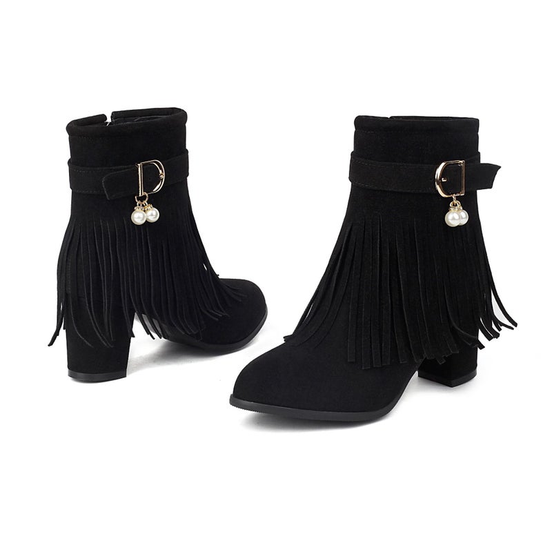 2024 Fashion High Heel Tassel Boots 40-48 Plus Size Suede Low Tube Women'S Boots - Image 1
