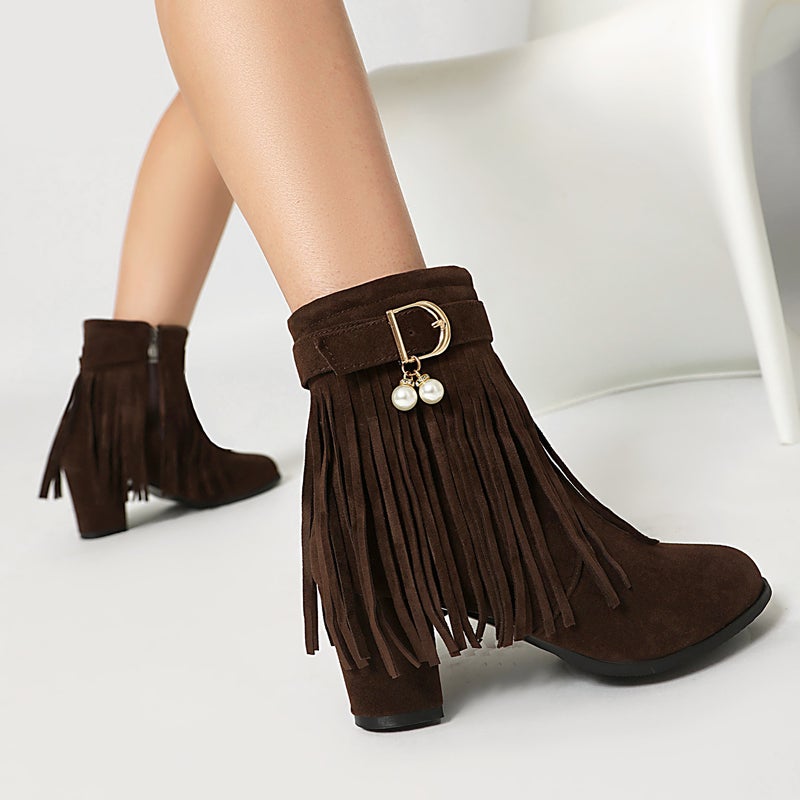 2024 Fashion High Heel Tassel Boots 40-48 Plus Size Suede Low Tube Women'S Boots - Image 3