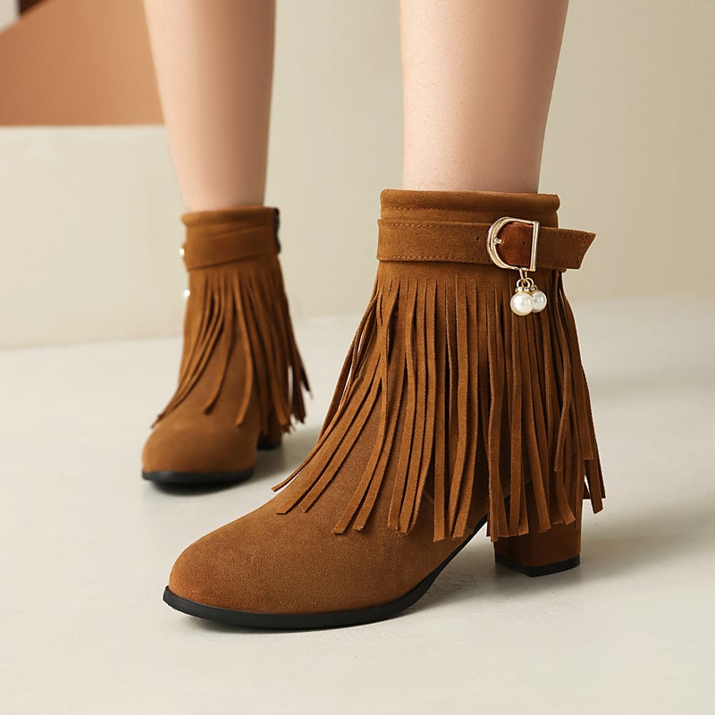 2024 Fashion High Heel Tassel Boots 40-48 Plus Size Suede Low Tube Women'S Boots - Image 2