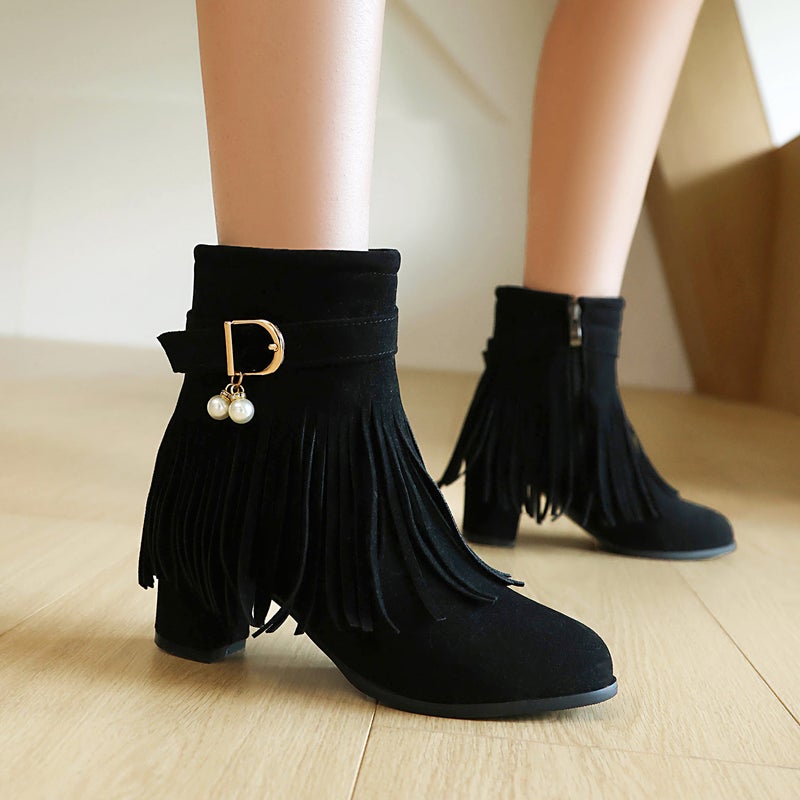2024 Fashion High Heel Tassel Boots 40-48 Plus Size Suede Low Tube Women'S Boots - Image 4