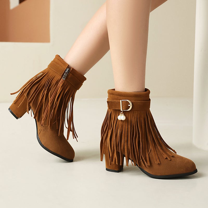 2024 Fashion High Heel Tassel Boots 40-48 Plus Size Suede Low Tube Women'S Boots - Image 5