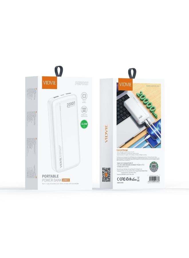 Power Bank 20000mAh with 2 USB Ports and 1 Type-C Port - White